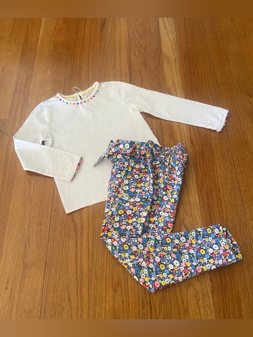 Boden Pompon Top with Multicolor Floral Tie Waist Pants Matching Set
